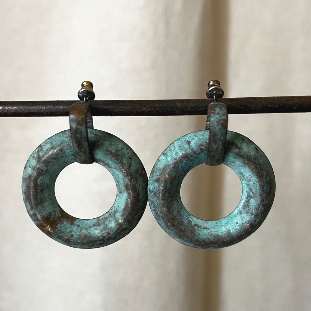 Vintage Verdigris Patina Hoop Disc Earrings Turquoise Oxidized Statement 1.75"